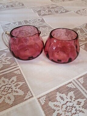 Pilgrim Cranberry Glass Cream Sugar Set Hand Blown